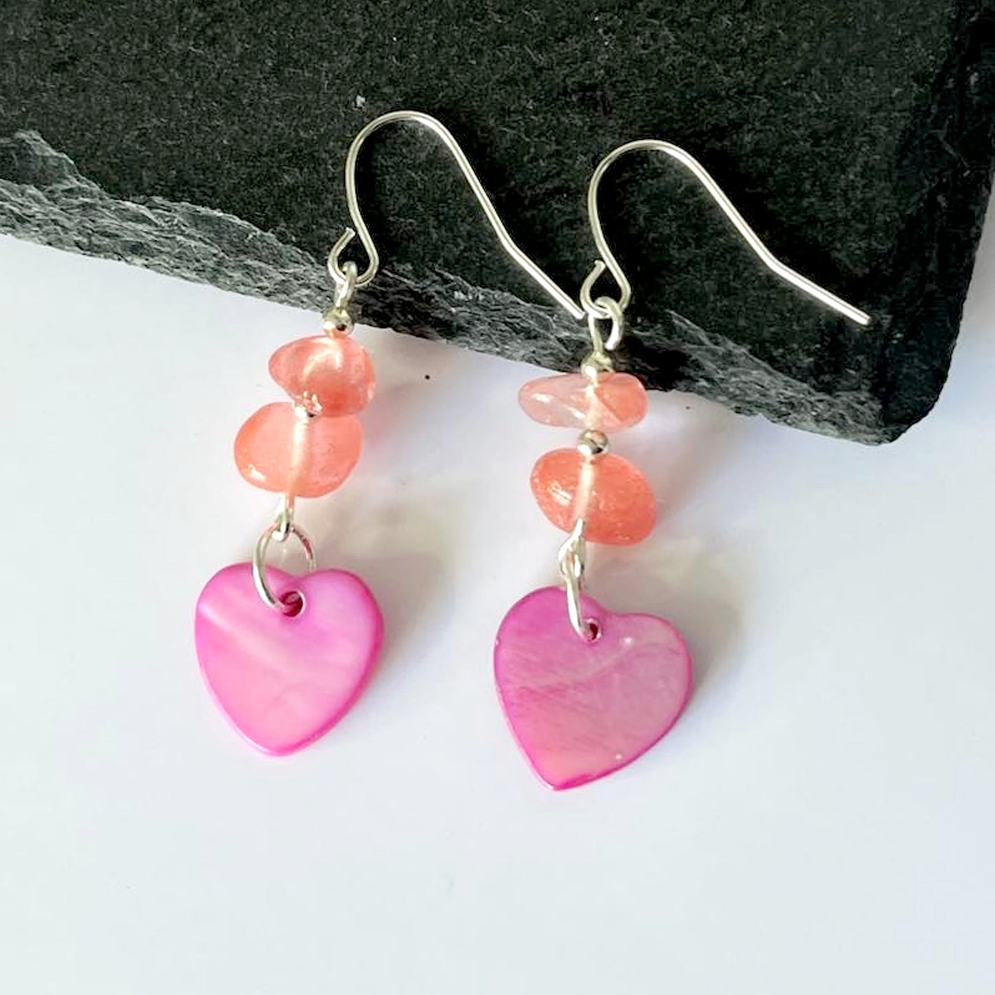 Cherry Quartz Stone Heart Shell Hook Earrings