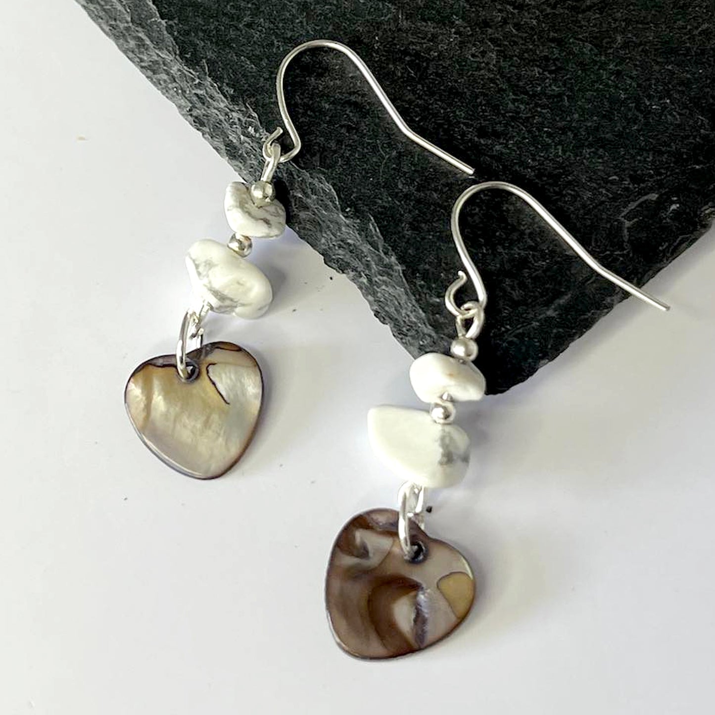 Howlite Stone Heart Shell Hook Earrings