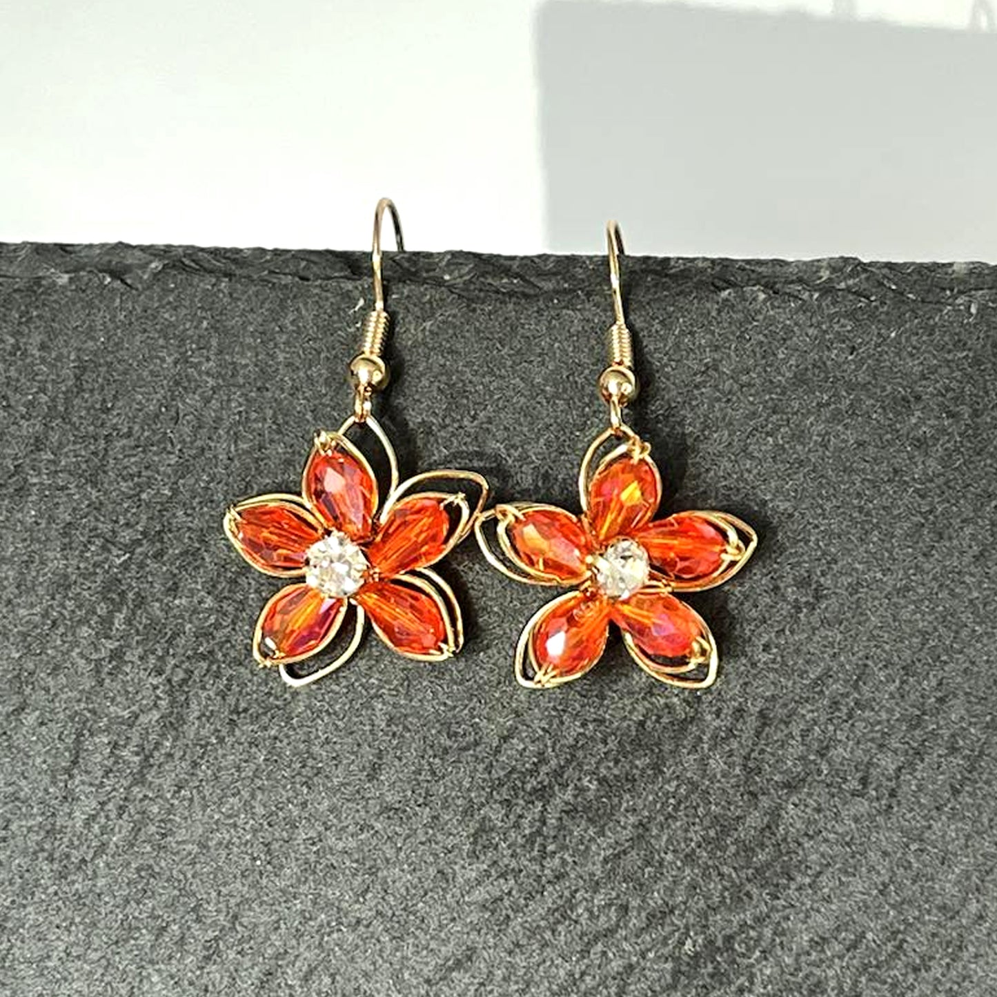 Red Glass Flower Hook Earrings