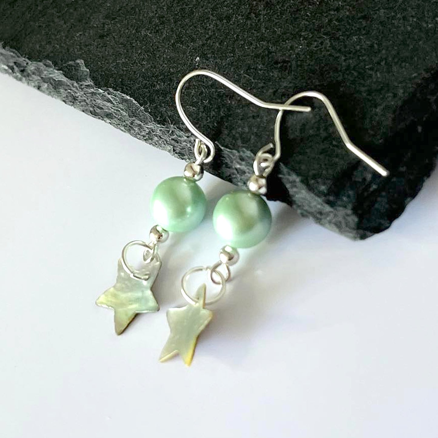Shell Star Green Pearl Hook Earrings