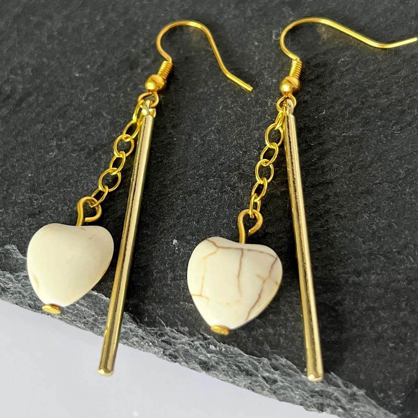 Howlite Heart Bar Hook Earrings