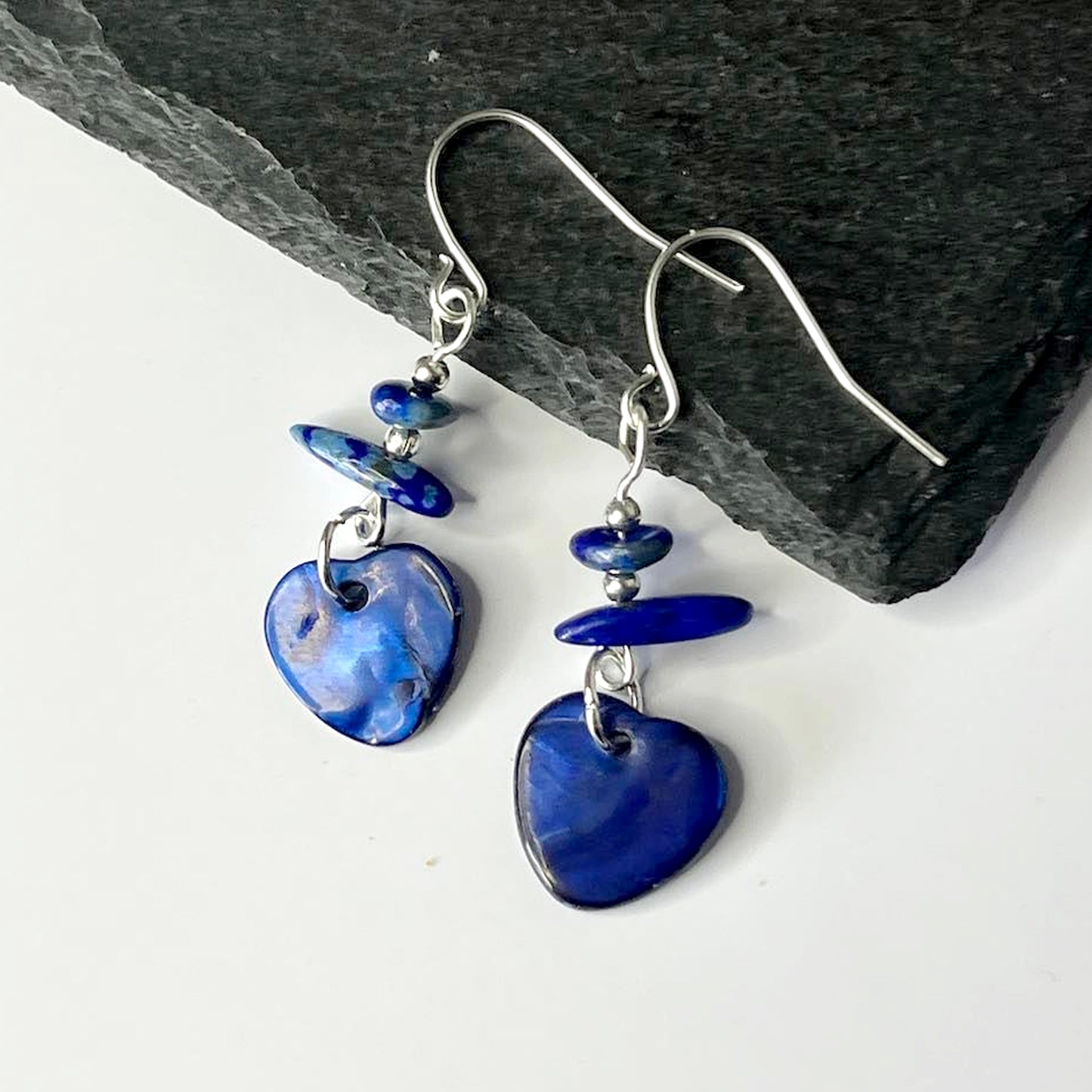 Lapis Lazuli Stone Heart Shell Hook Earrings