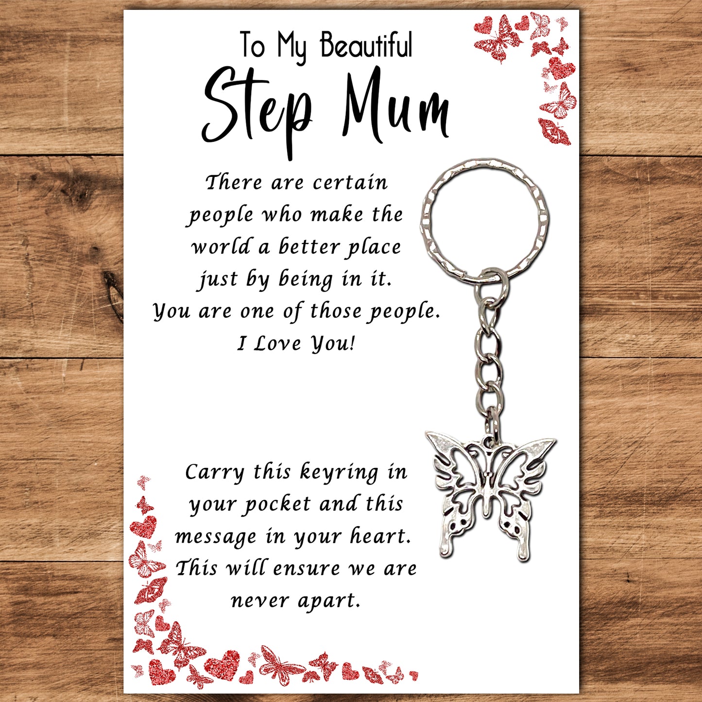Step Mum Butterfly Keyring & Message Card