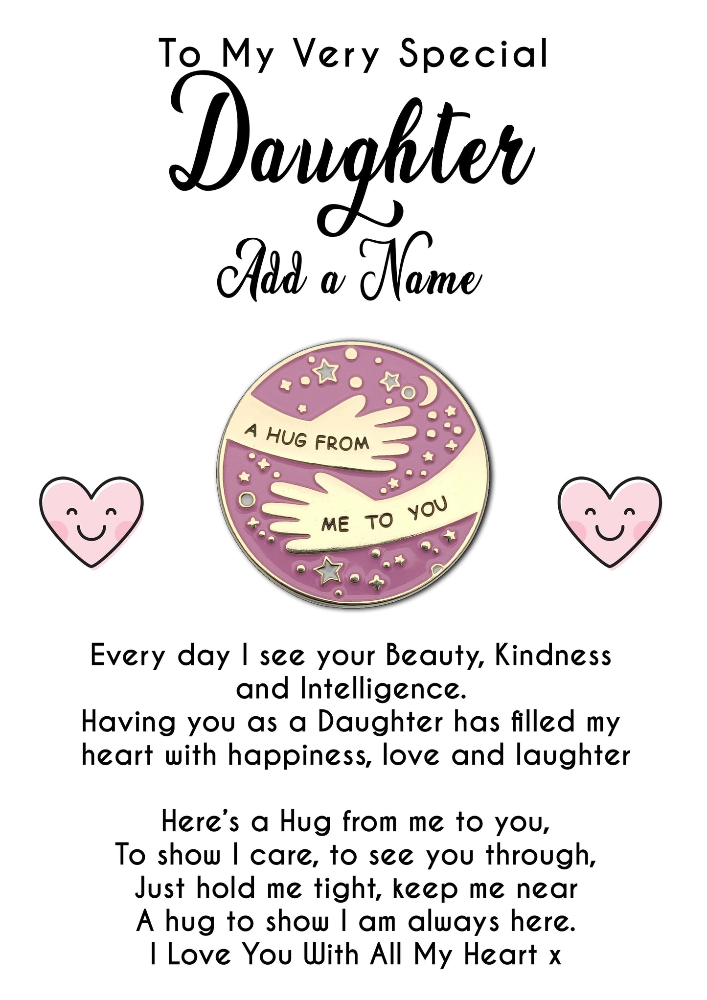 Daughter Pink Pocket Hug Badges & Personalised Message Cards