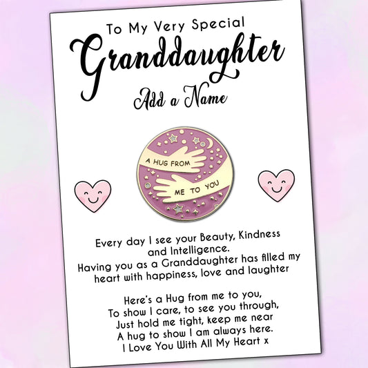 Granddaughter Pink Pocket Hug Badges & Personalised Message Card