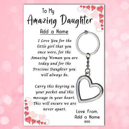 Amazing Daughter Heart Keyrings & Personalised Card