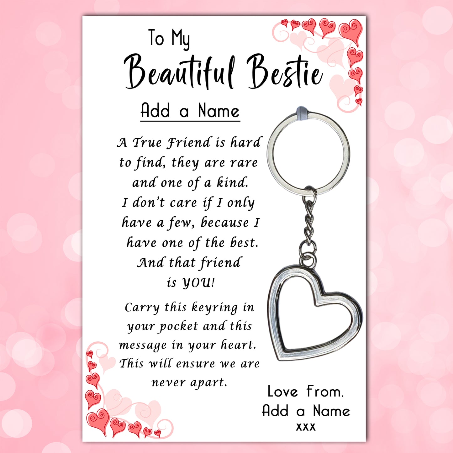 Beautiful Bestie Heart Keyring & Personalised Card