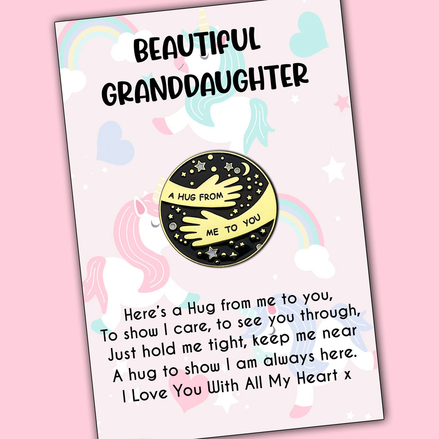 Beautiful Granddaughter Pocket Hug Pin Badges With Unicorn & Rainbow Message Cards