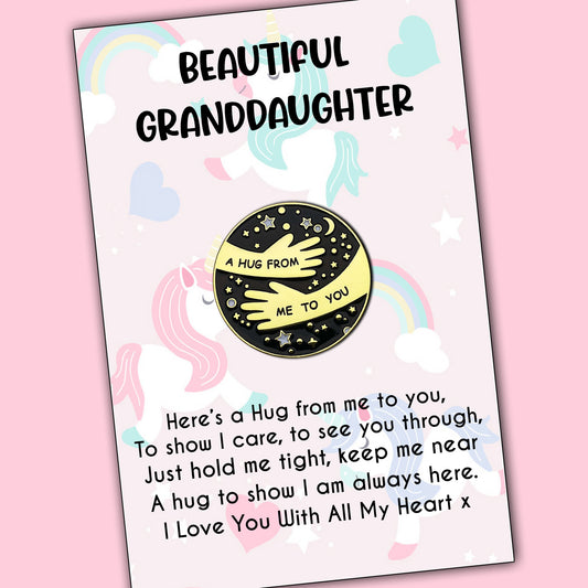 Beautiful Granddaughter Pocket Hug Pin Badges With Unicorn & Rainbow Message Cards