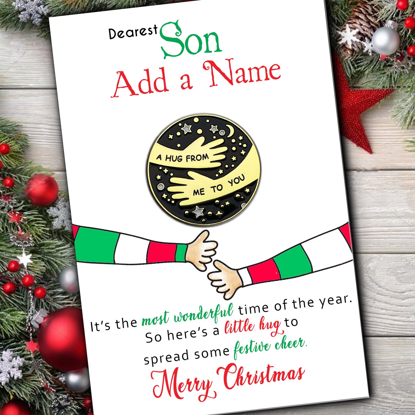 Dearest Son Christmas Elf Hug Pin Badges