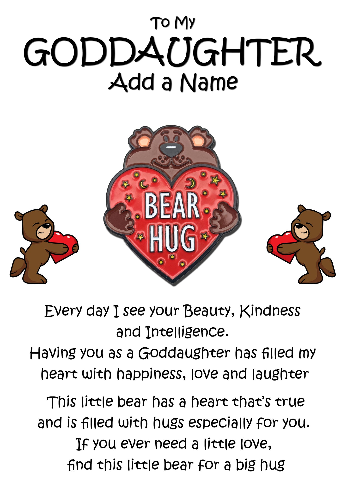 Bear Hug Red Heart Pin Badges & Personalised Goddaughter Message Cards
