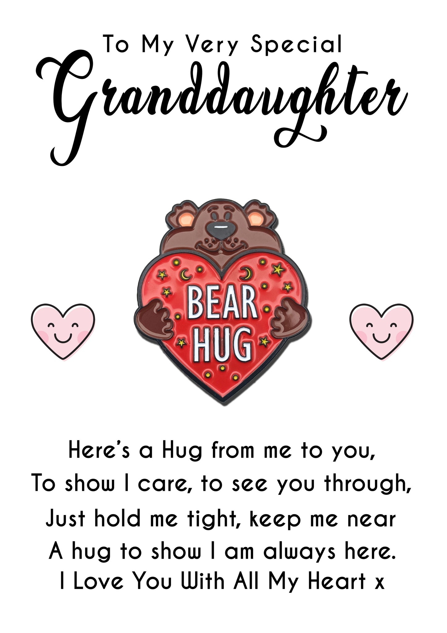 Granddaughter Bear Hug Pin Badges & Personalised Message Card