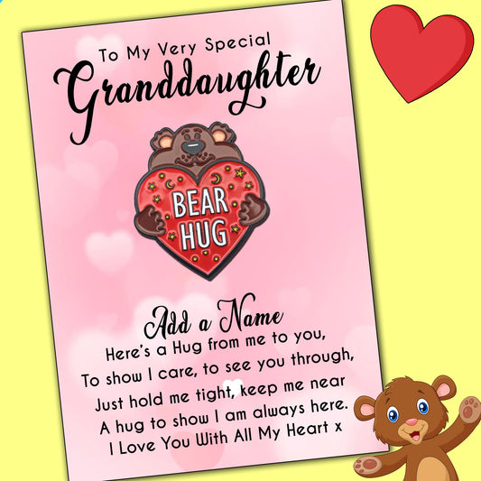 Granddaughter Bear Hug Pin Badges & Personalised Pink Hearts Message Card
