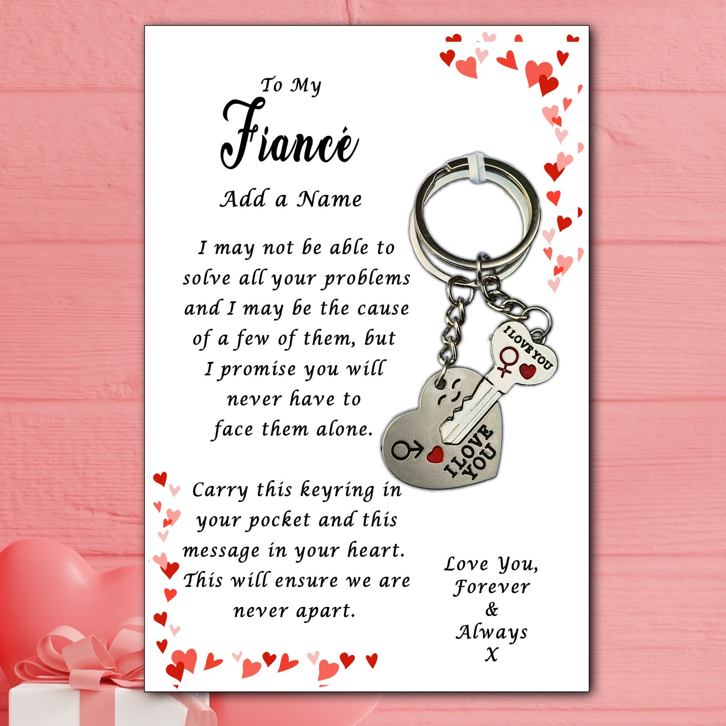 I Love You His & Hers Keyrings and Personalised Fiancé Card