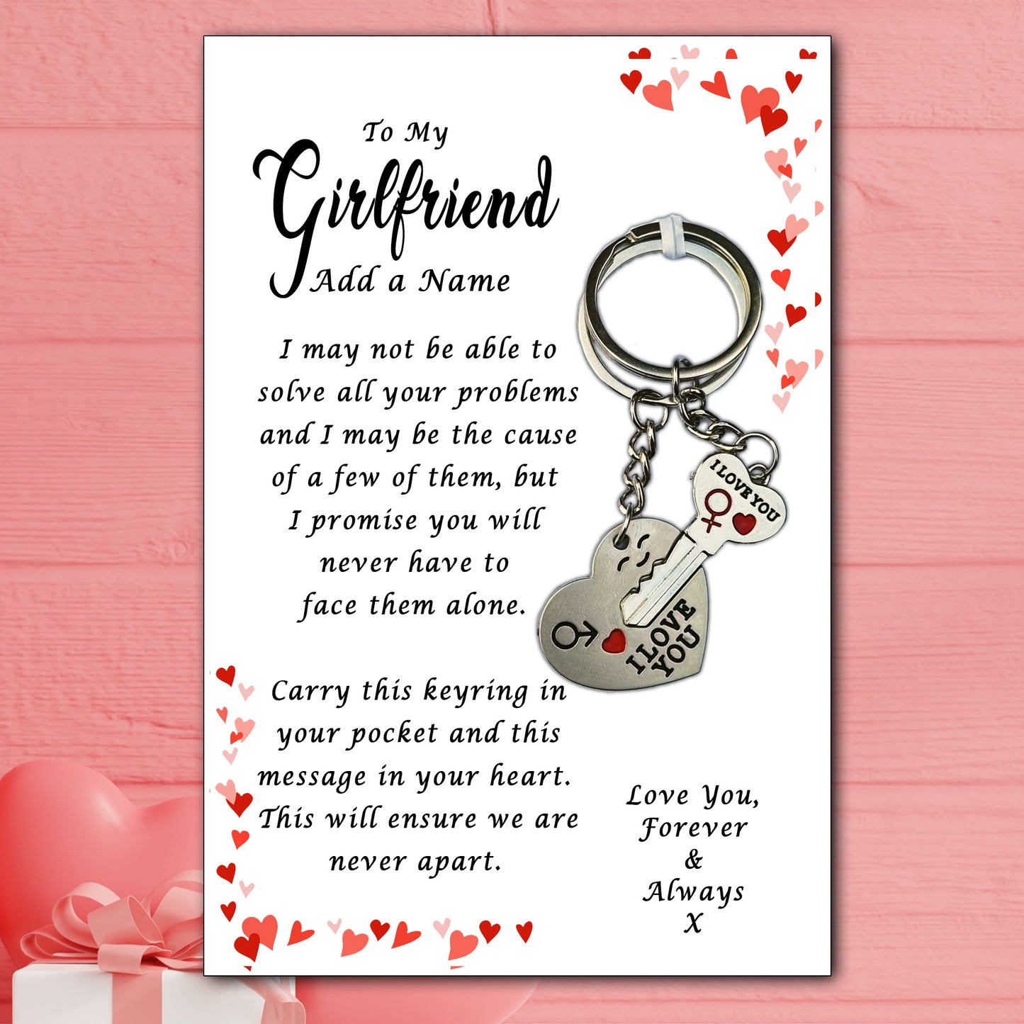 I Love You His & Hers Keyrings and Personalised Girlfriend Card
