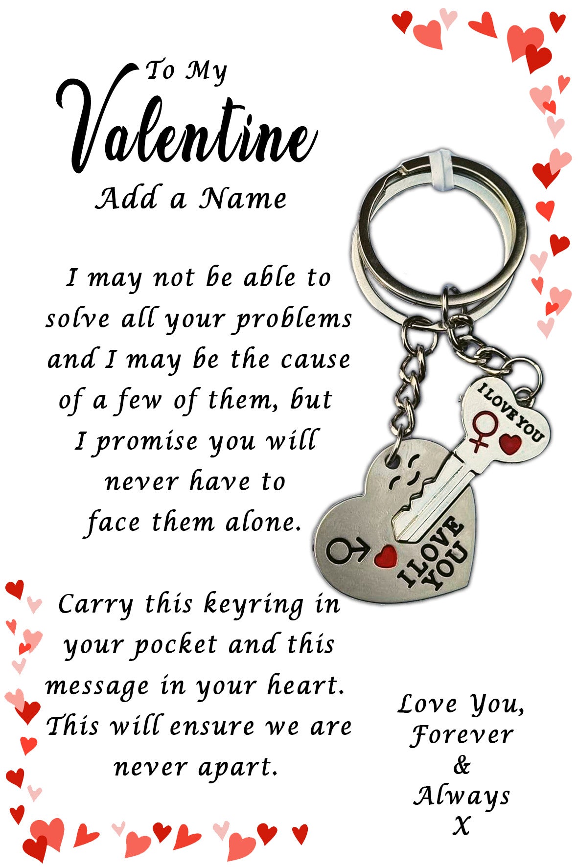 I Love You His & Hers Keyrings and Personalised Valentine Card