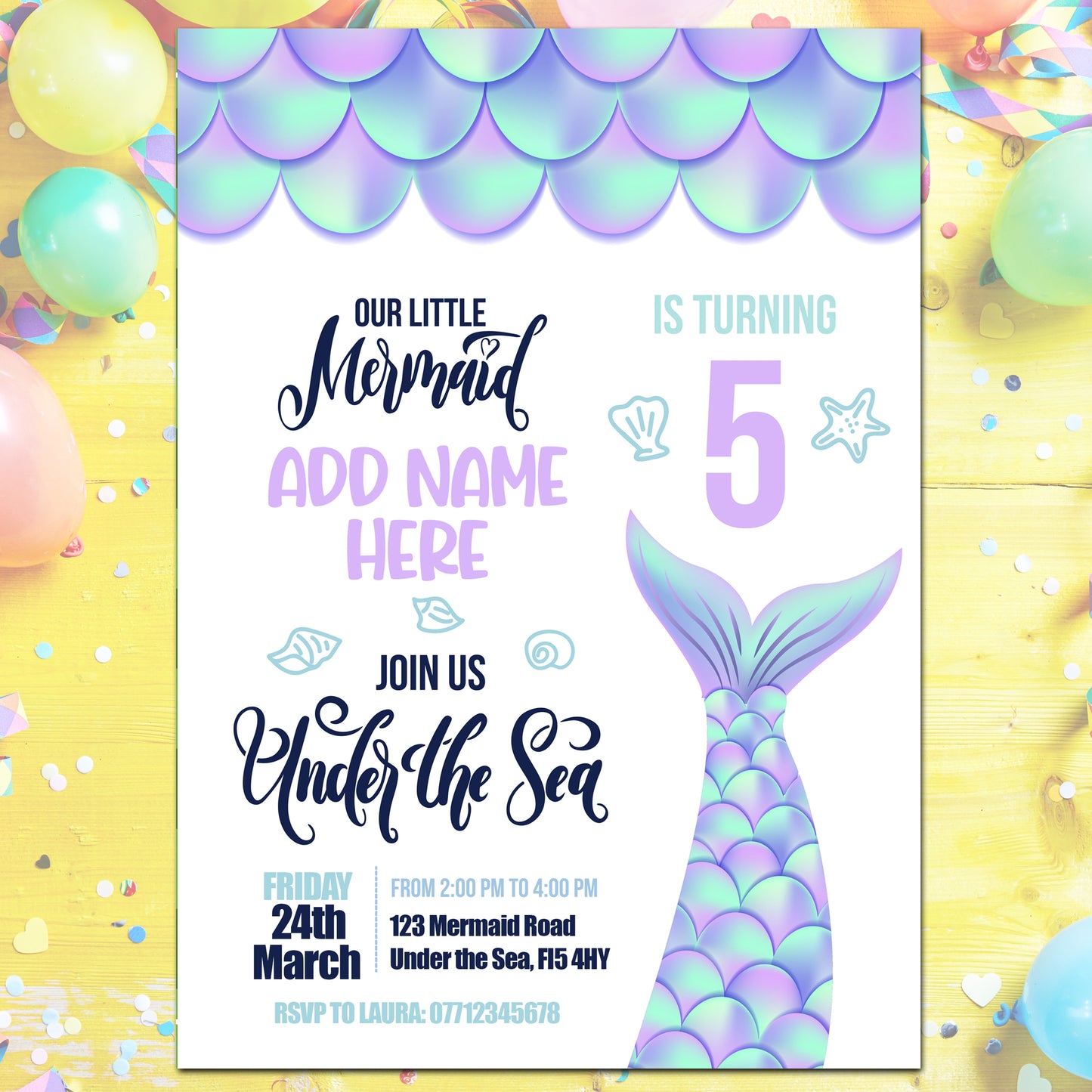 Mermaid Under The Sea Birthday Party Invitations