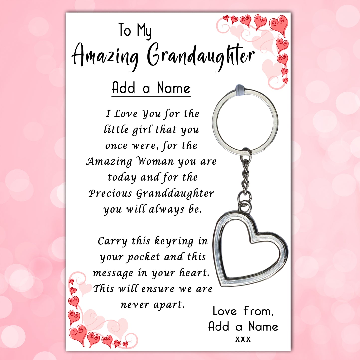 Amazing Granddaughter Heart Keyrings & Personalised Card