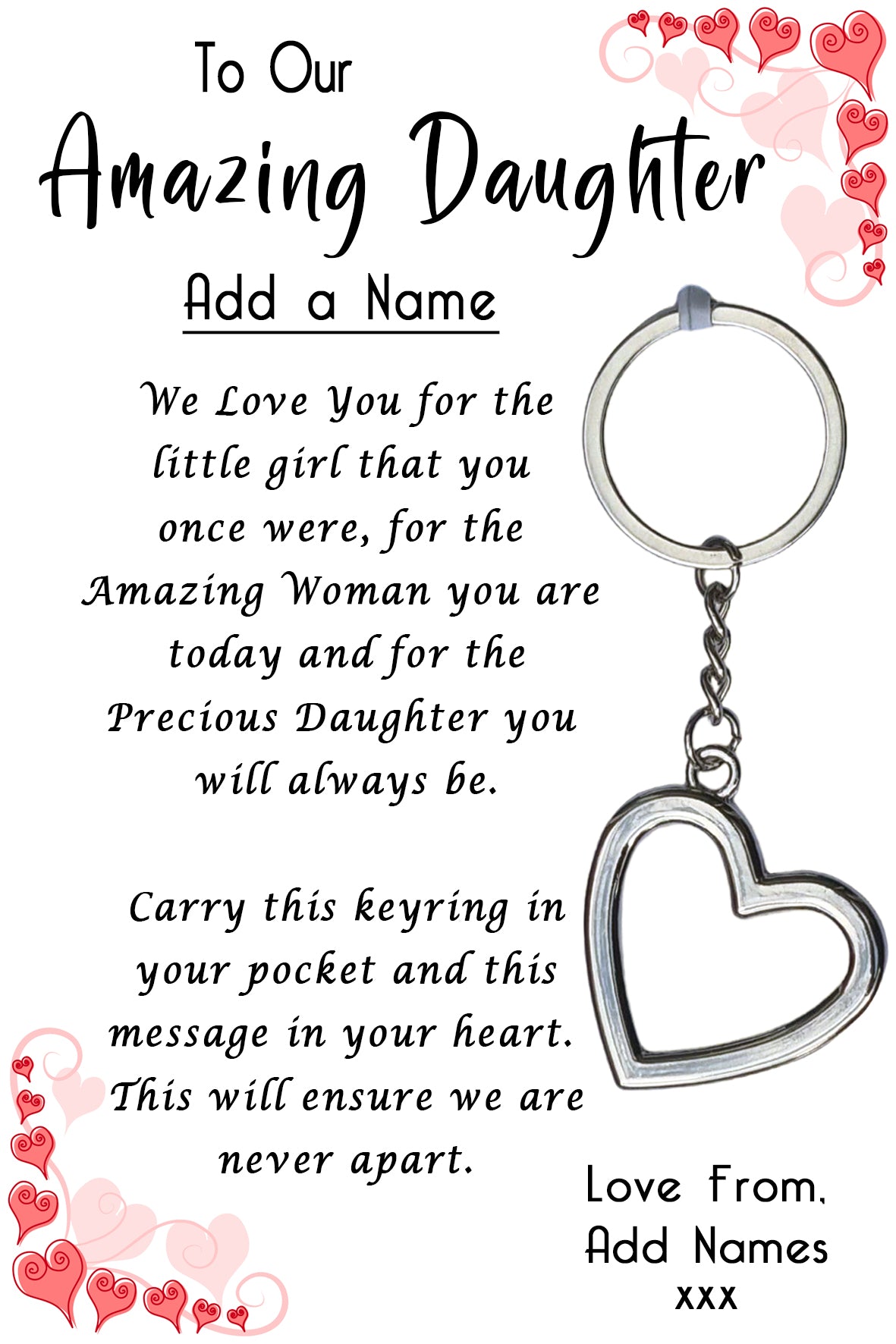 Amazing Daughter Heart Keyrings & Personalised Card