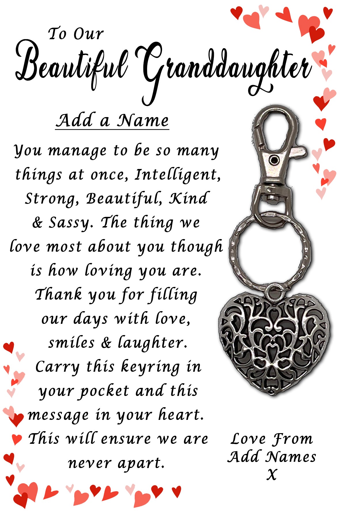 Beautiful Granddaughter Heart Keyrings & Personalised Cards