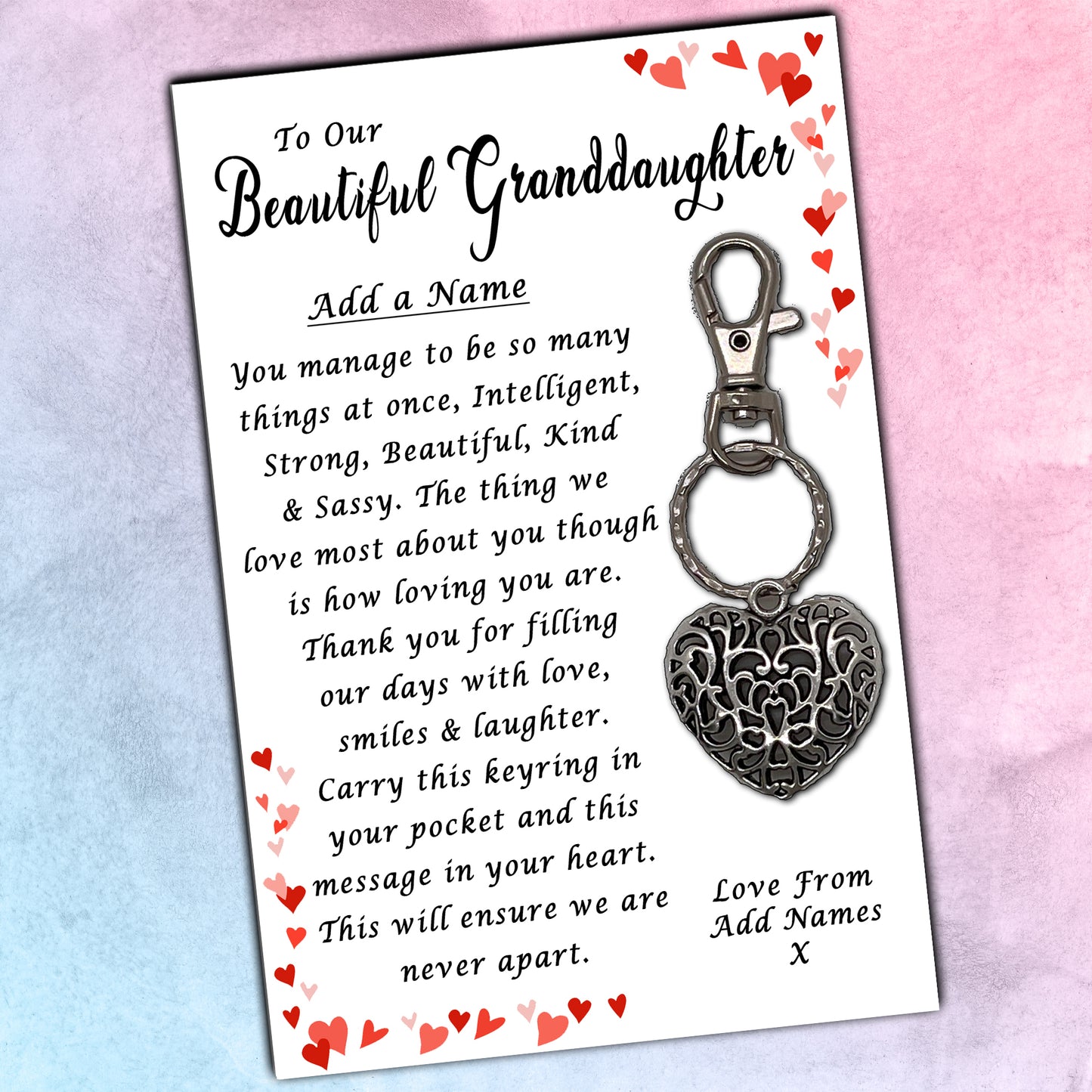 Beautiful Granddaughter Heart Keyrings & Personalised Cards