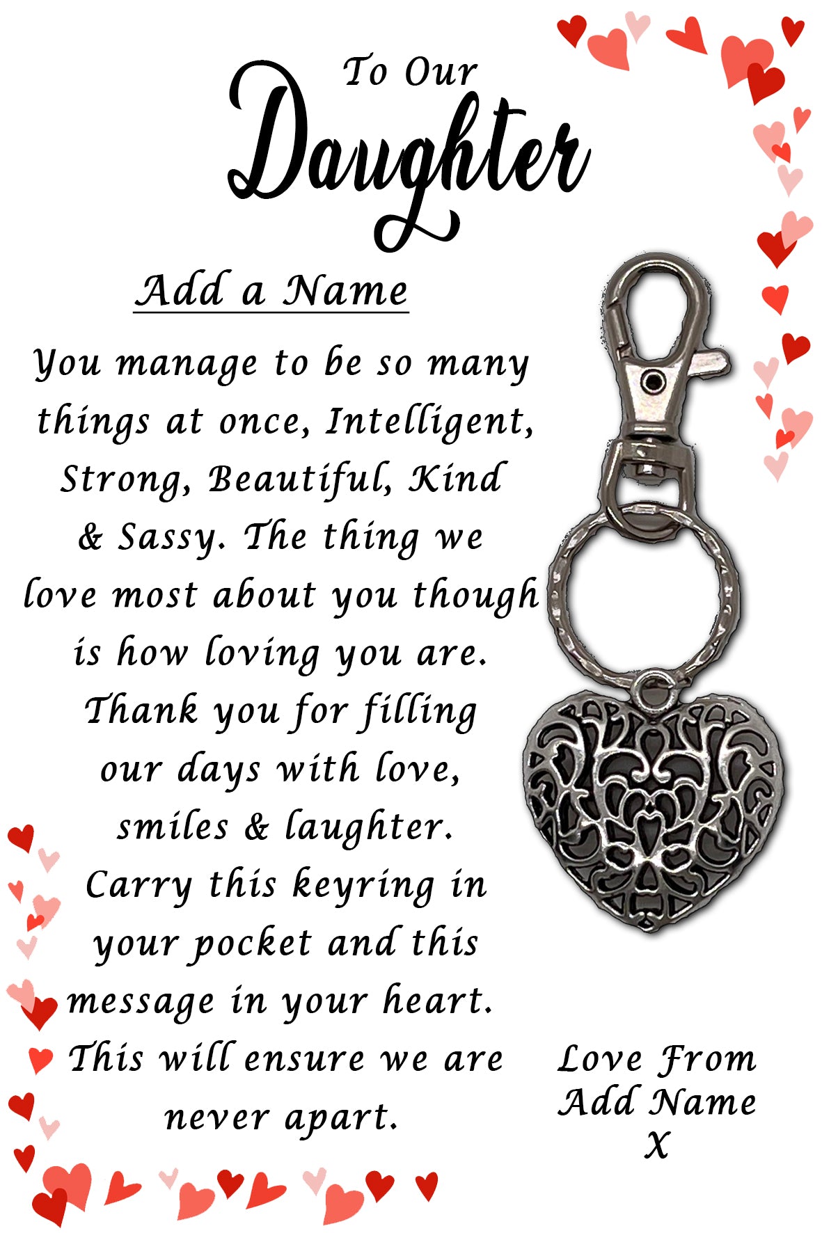 Beautiful Daughter Heart Keyrings & Personalised Cards