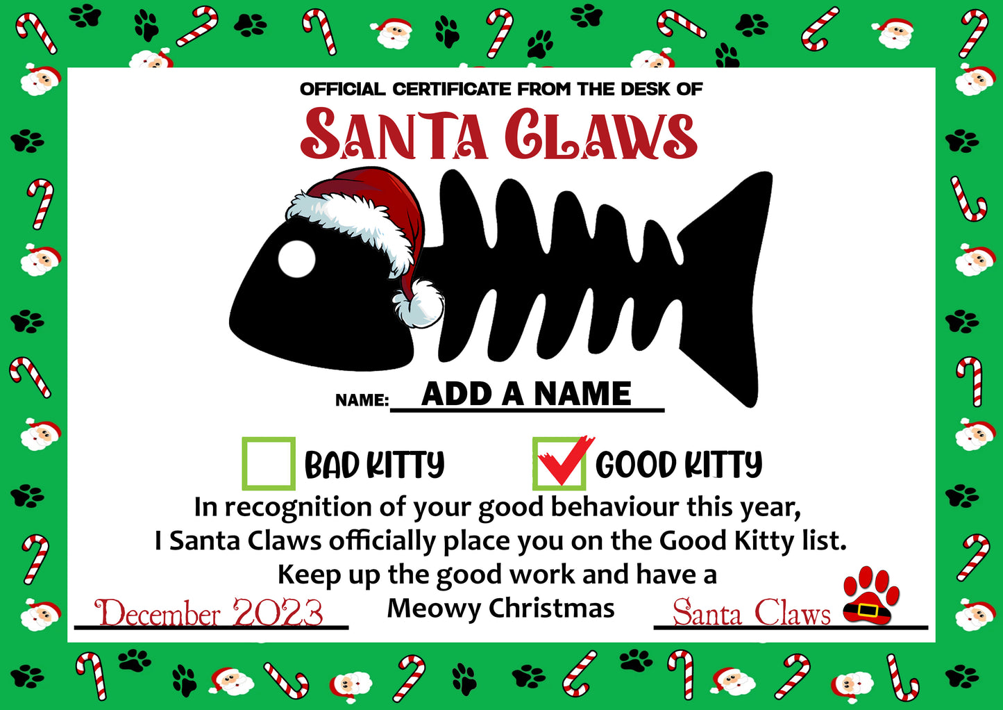 Personalised Cat Santa Claws Certificates