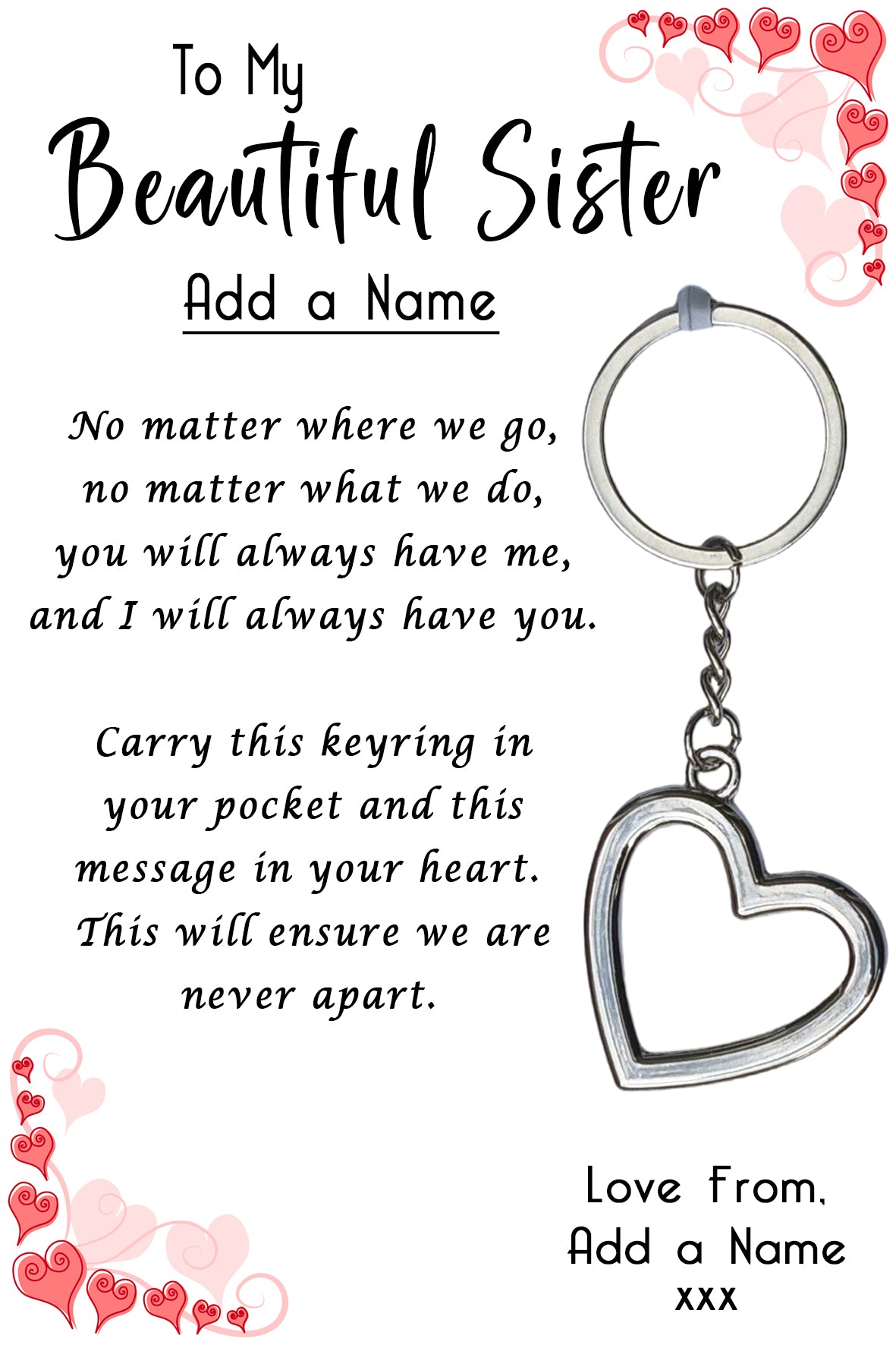 Sister Heart Keyrings & Personalised Message Card