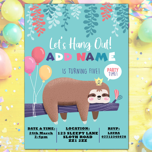 Sloth Birthday Party Invitations