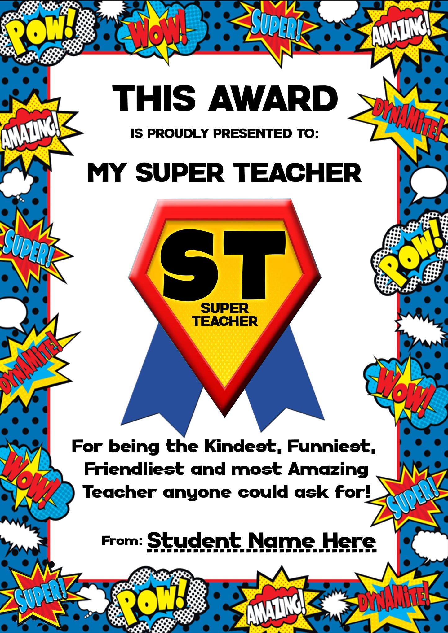 My Super Teacher Award Certificate - Blue