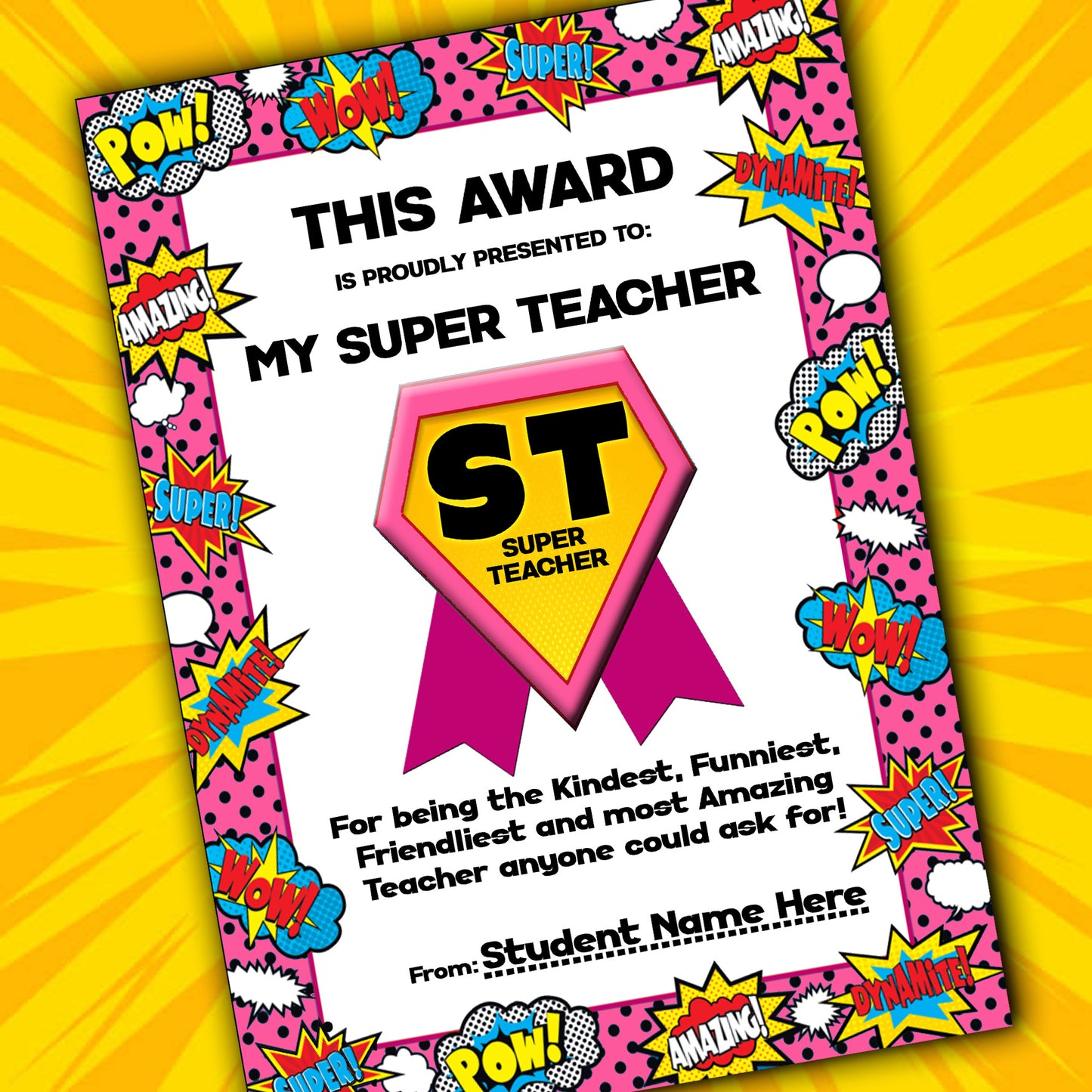 My Super Teacher Award Certificate - Pink