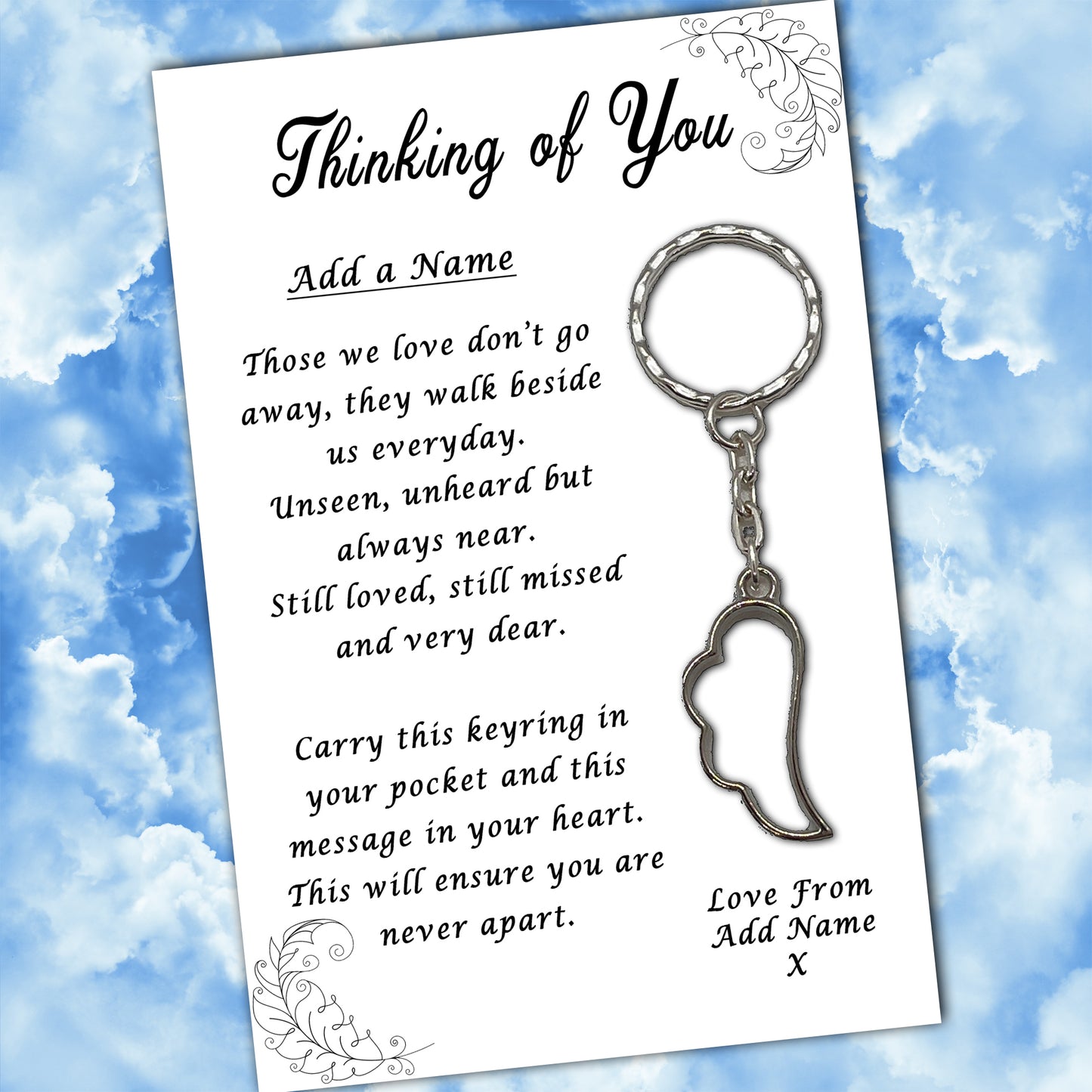 Thinking of You Angel Wing Keyrings & Personalised Card