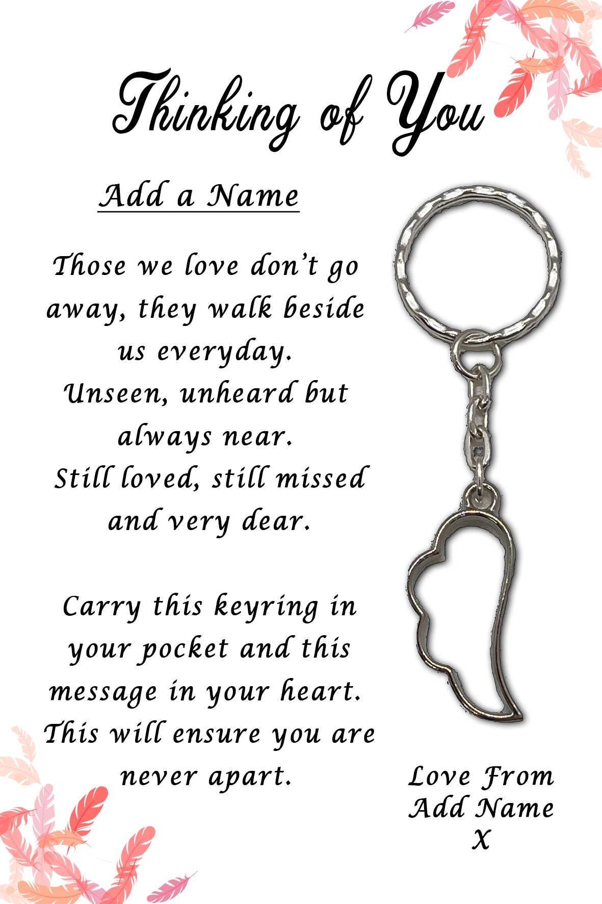 Thinking of You Angel Wing Keyrings & Pink Feather Personalised Cards