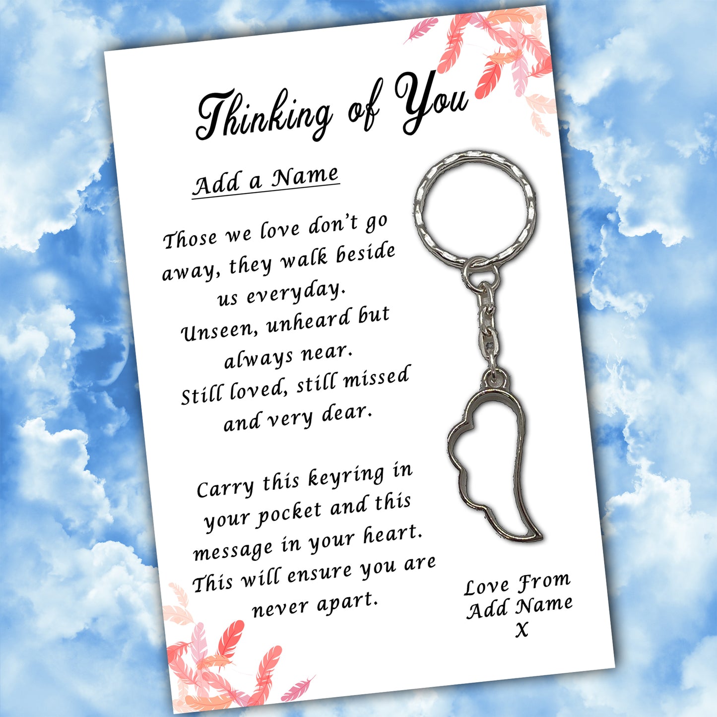 Thinking of You Angel Wing Keyrings & Pink Feather Personalised Cards
