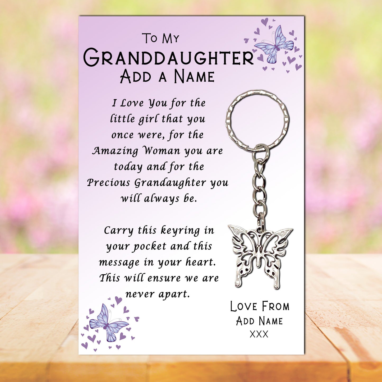 Granddaughter Butterfly Keyrings & Personalised Card