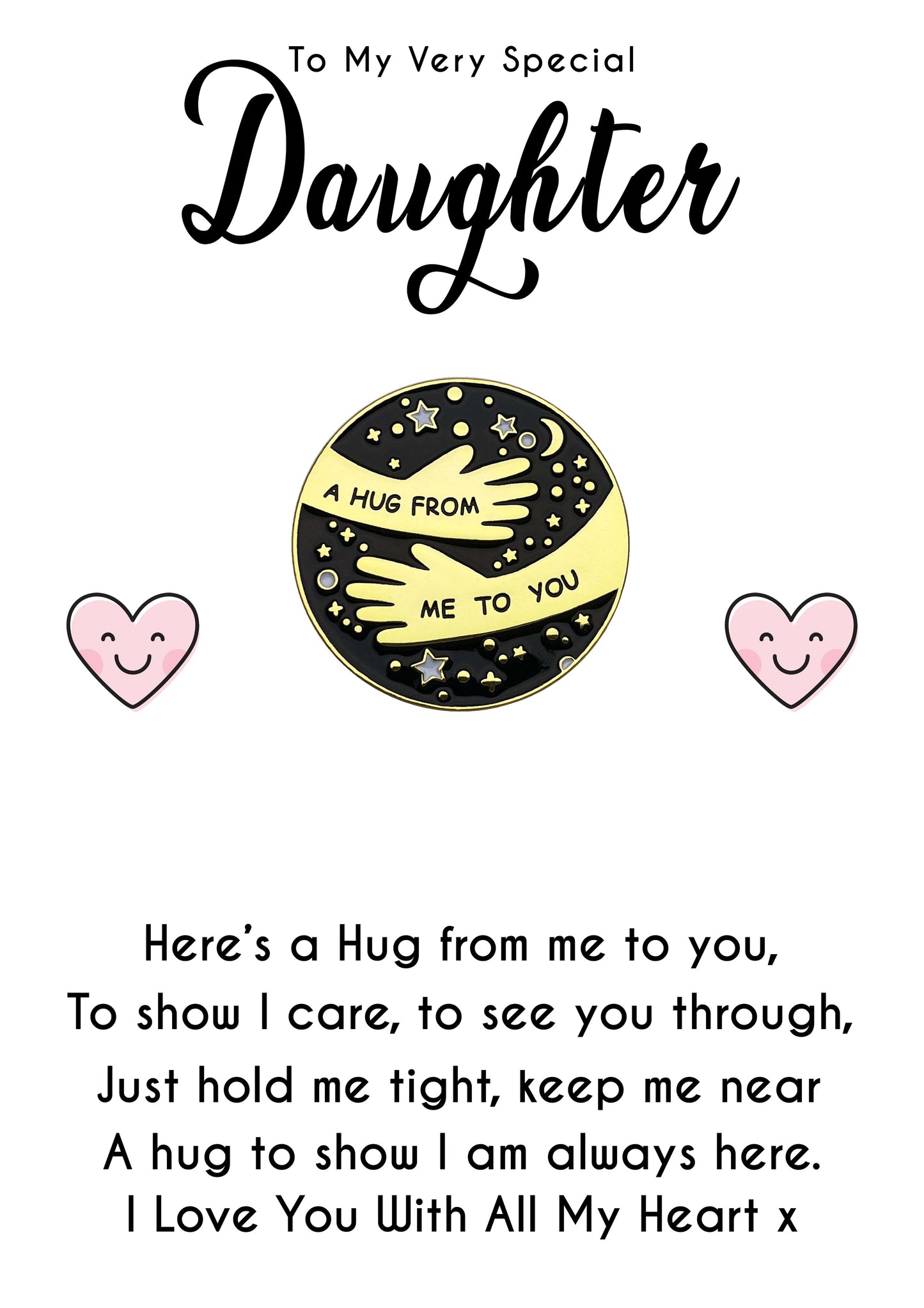 Pocket Hug Pin Badges With Very Special Daughter Heart Message Cards