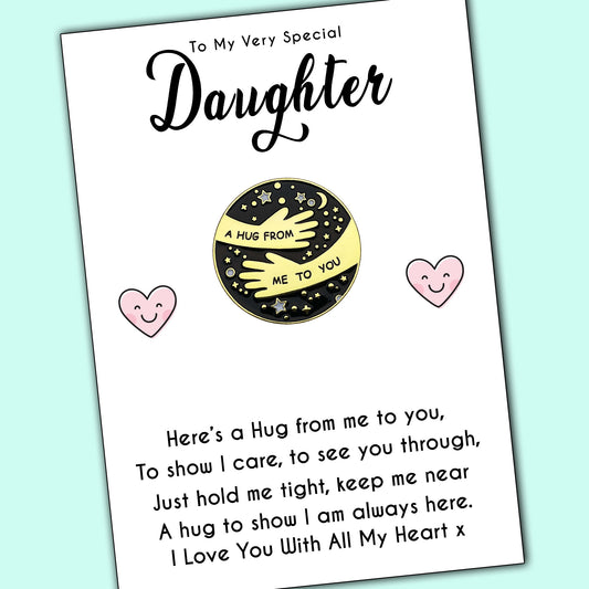 Pocket Hug Pin Badges With Very Special Daughter Heart Message Cards