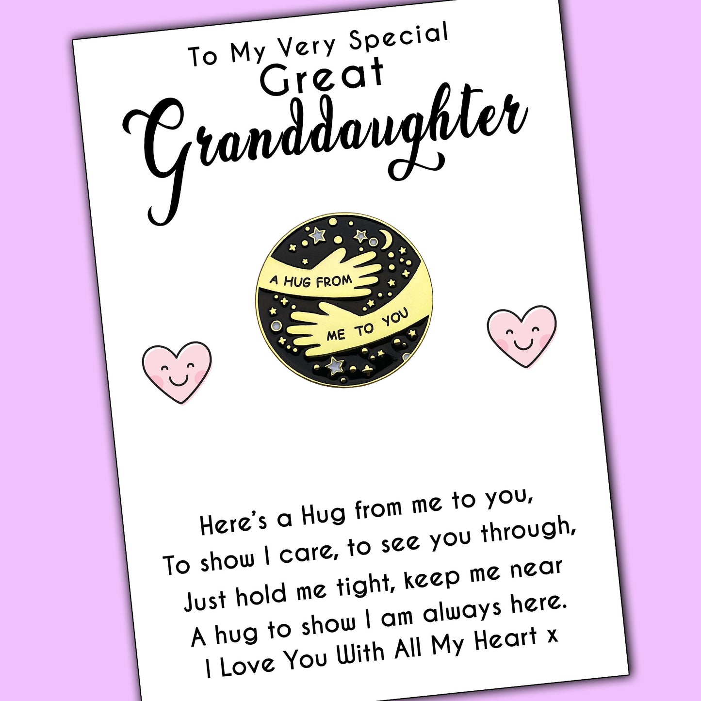 Great Granddaughter Pocket Hug Pin Badges With Heart Message Cards
