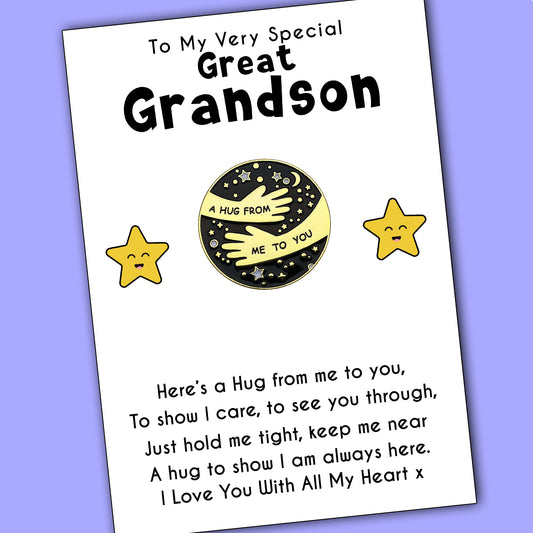 Pocket Hug Pin Badges With Very Special Great Grandson Star Message Cards