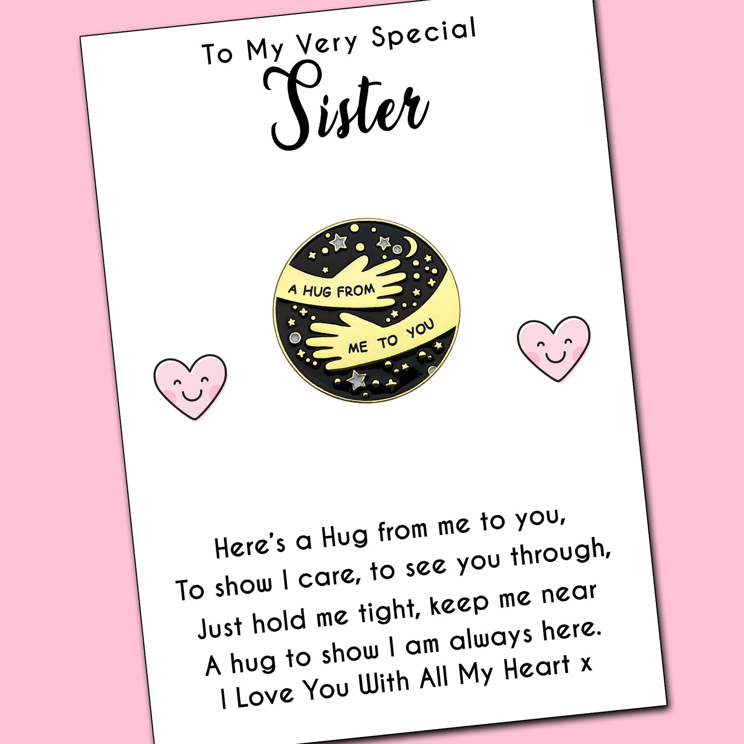 Very Special Sister Pocket Hug Pin Badges & Personalised Message Card