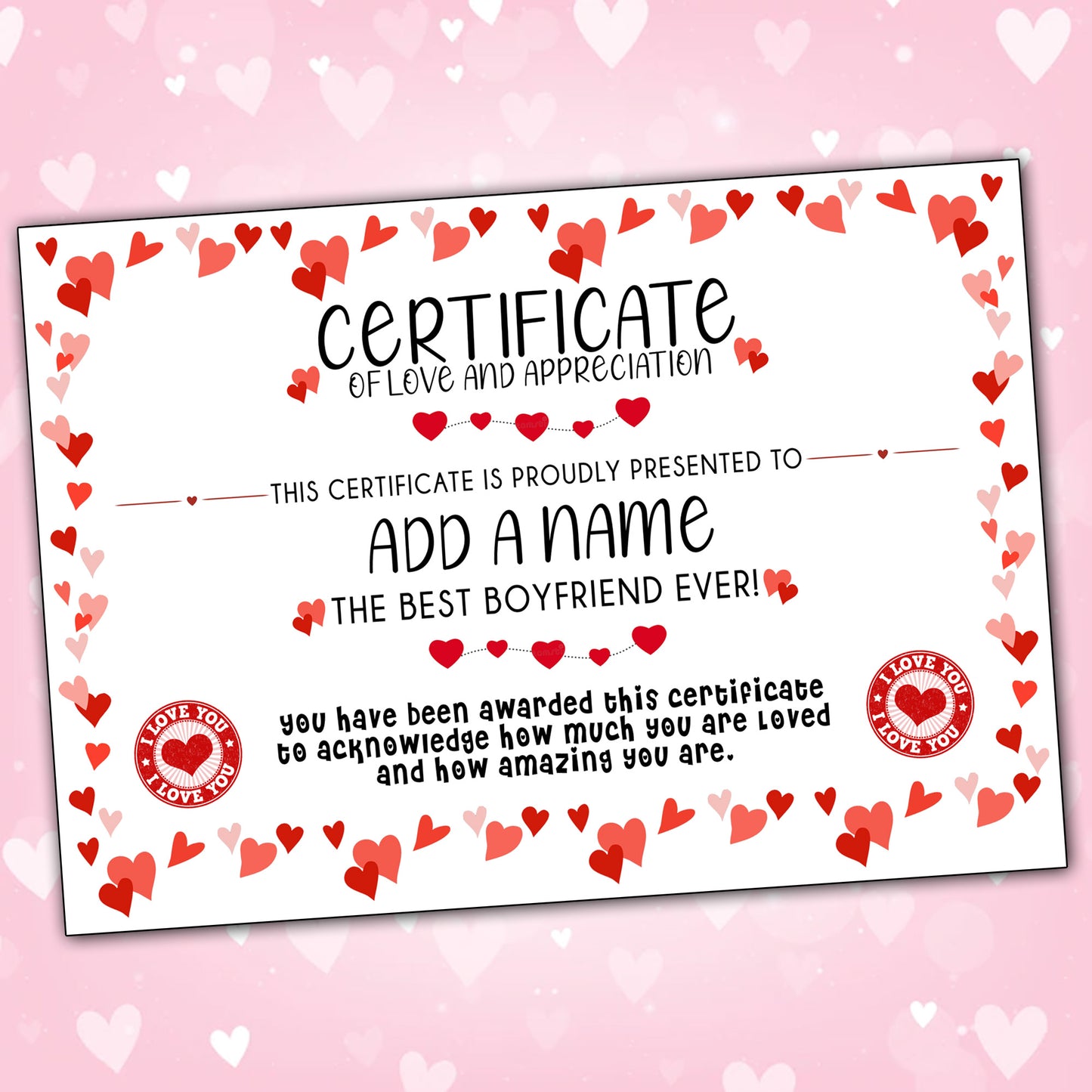 Personalised Best Ever Love & Appreciation Certificates