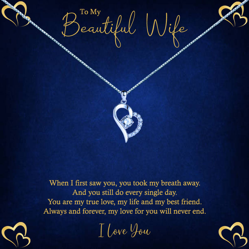 To My Beautiful Wife - Elegant Blue Gold Hearts Message Necklace