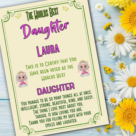 The Worlds Best Daughter Certificate Gift