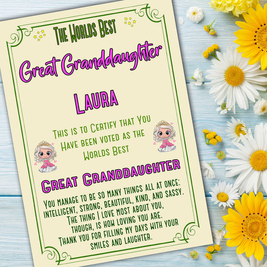 The Worlds Best Great Granddaughter Certificate Gift